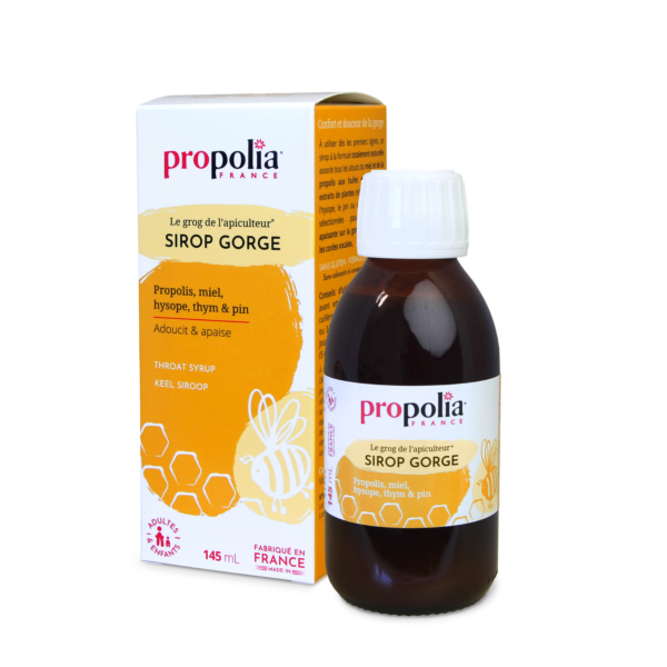 Sirop pour la gorge, miel, propolis et huiles essentielles