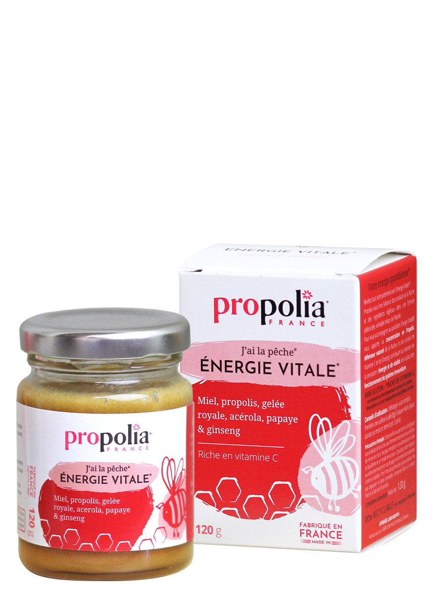 Énergie vitale Propolia : Miel, propolis, gelée royale, acerola, papaye , ginseng 120g