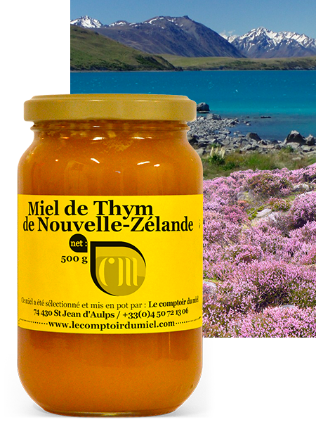 Miel THYM Nouvelle-Zélande ACTIF 100% pur & brut Goût & vertus  Exceptionnels apprécié des fins gourmets Testé & certifié Cru & sans  additifs Pot en