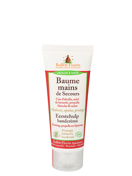 Baume mains de secours, cire d'abeille, miel de lavande, propolis blanche et noire